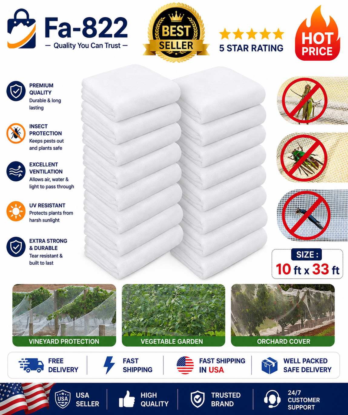 10 ft x 33 ft Garden Bug Insect Netting Barrier Mosquito Bird Net Plant Protect 