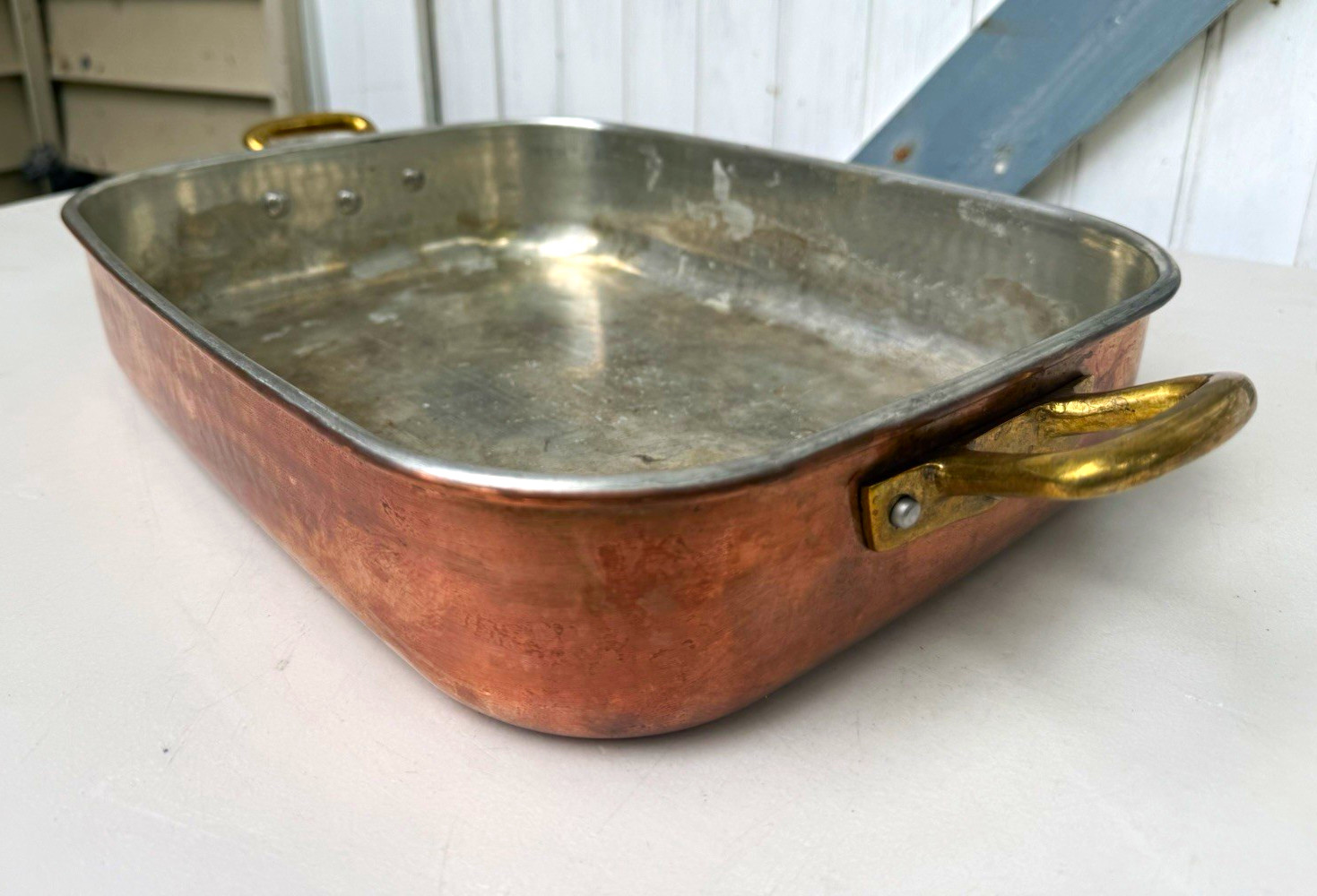 Vintage Ruffoni Copper Roasting Pan 14” x 11” x 3” Brass Handles Italy