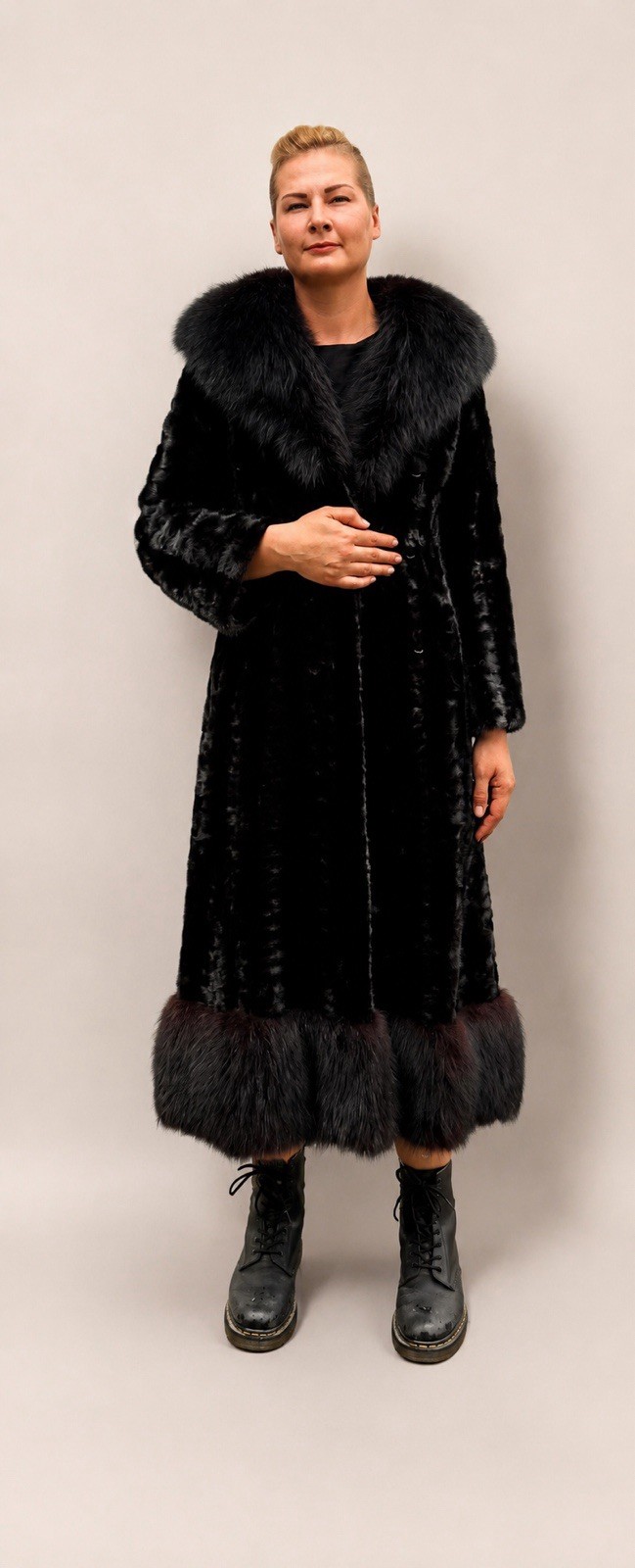 Vintage Turkistukku Finland Saga Black Mink Fox Trim Fur Coat Full Length