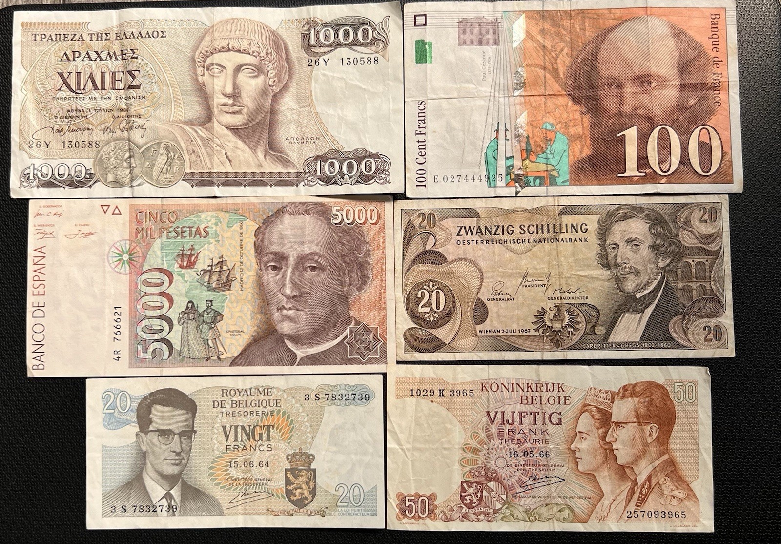European Obsolete Banknote Lot 6 Pieces Greece Spain France Austria Belgium
