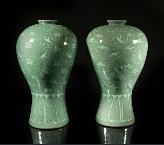 Signed Pair Korean Green Crackle Glaze Ceramic Vase Set Art Pottery Decor