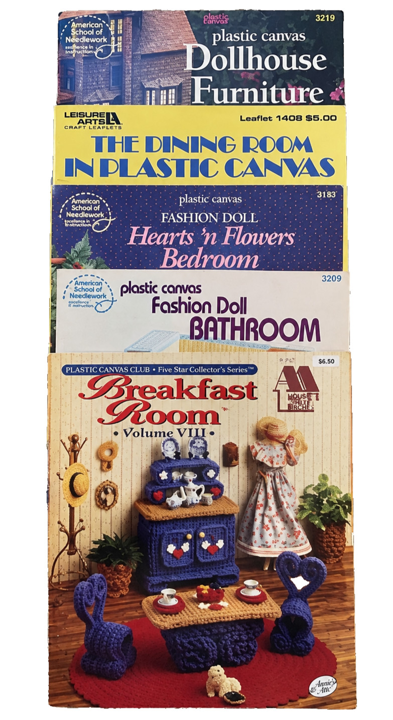 Lot Of 5  Vintage Plastic Canvas Barbie Dollhouse Furniture Pattern Books