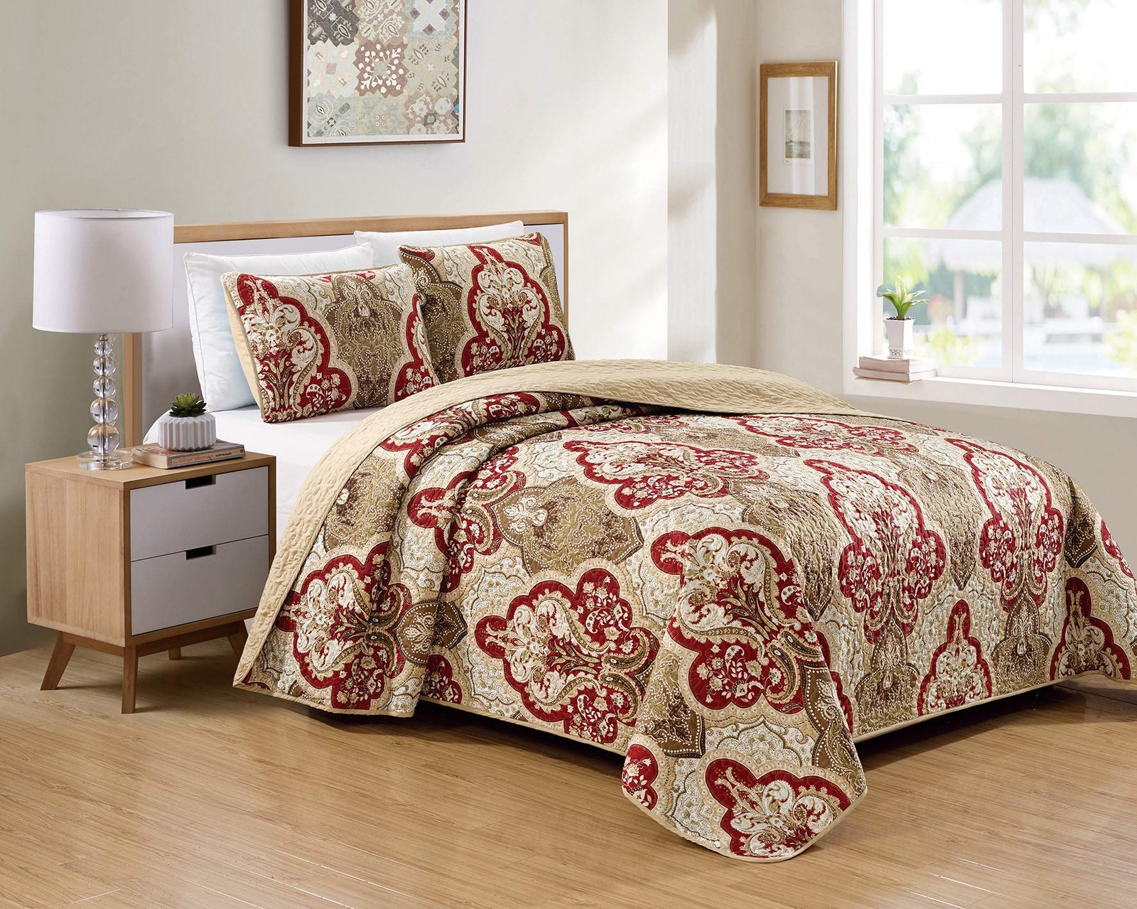 Luxury Home 3 Piece Full/Queen Quilted Reversible Coverlet Bedspread Set Floral Luxury Home 3 Piece Full/Queen Quilted Reversible Coverlet Bedspread Set Floral