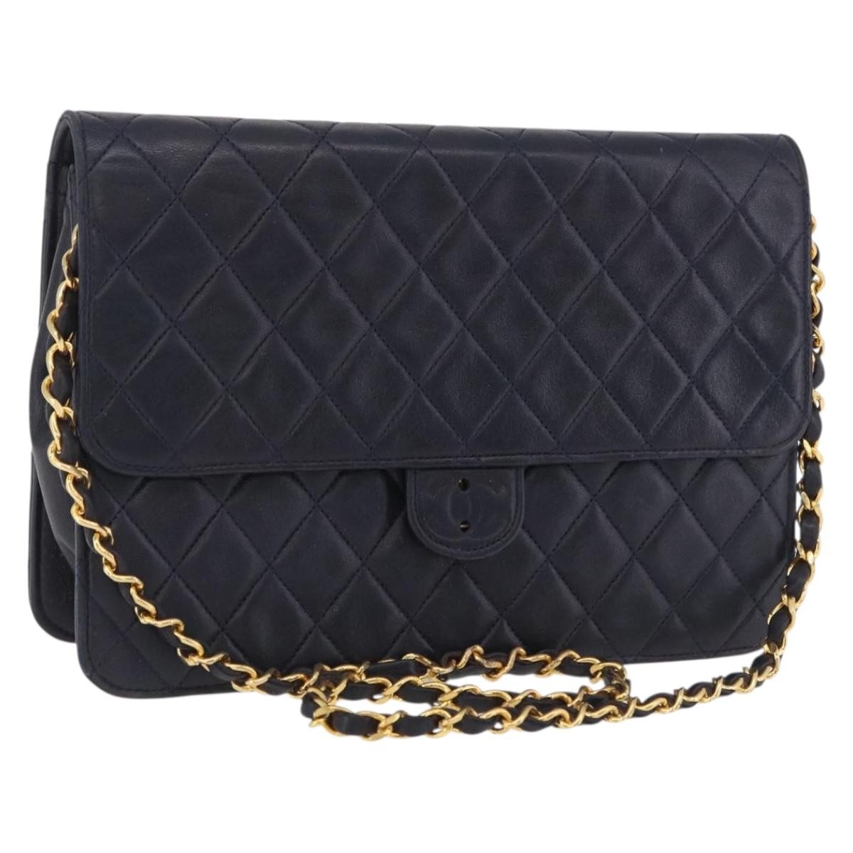 CHANEL Matelasse Chain Shoulder Bag Lamb Skin Black Gold CC Auth 180868