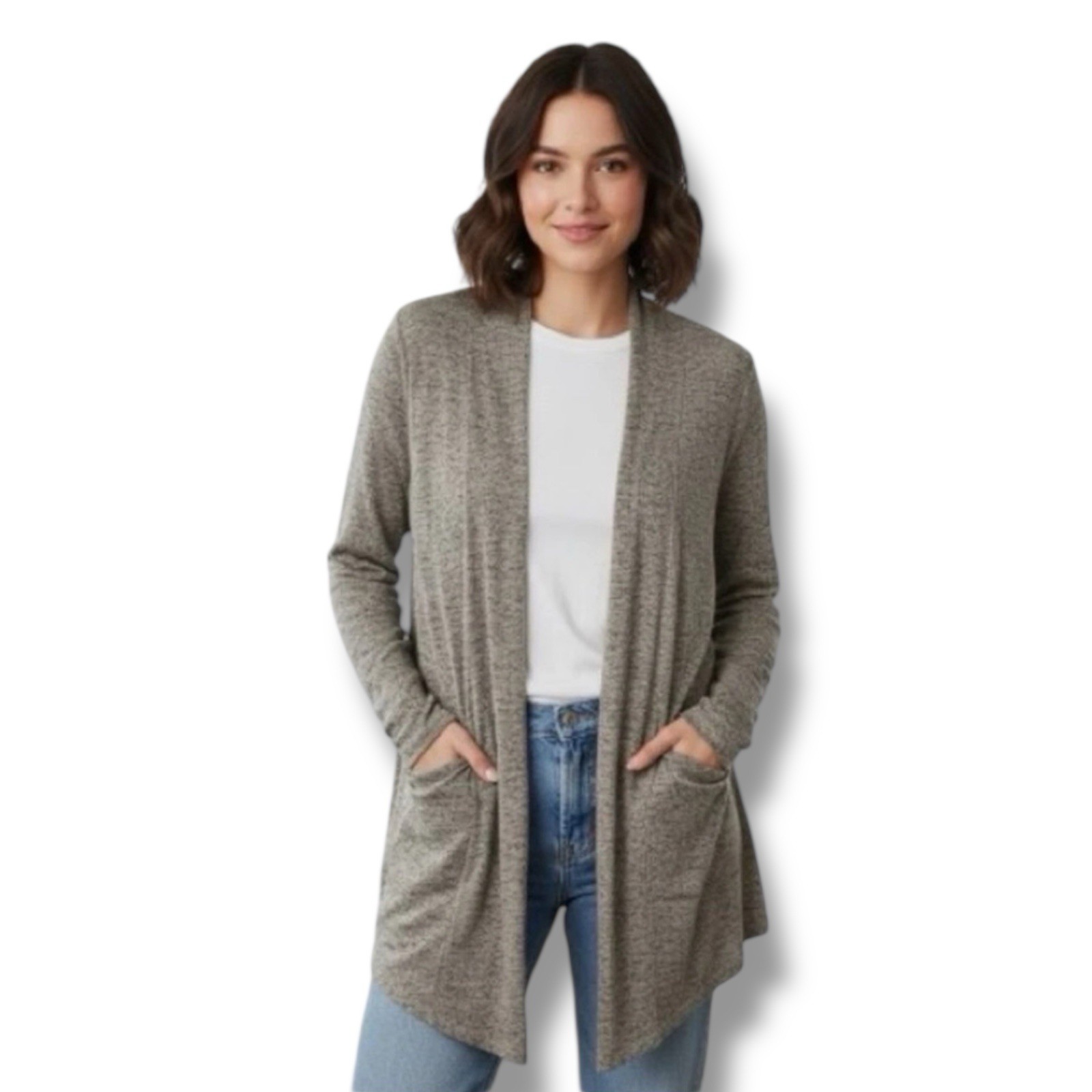 Philosophy (Anthropologie Exclusive) Cozy Chic Taupe Heather Draped Cardigan - L