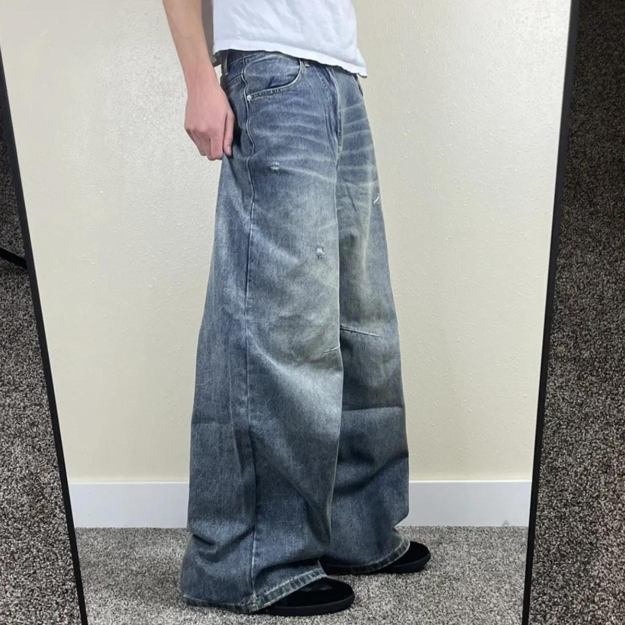 Y2K Baggy Distressed Wide Leg Jeans Faded Blue Grey Grunge Skater 30 x 30