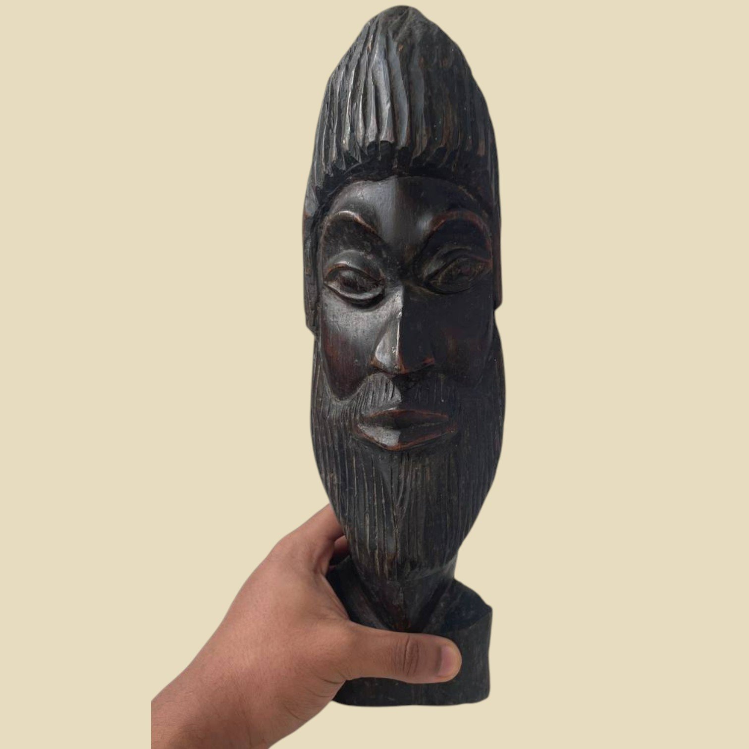 Ethiopian Hand-Carved Wooden Bearded Bust Statue 35cm