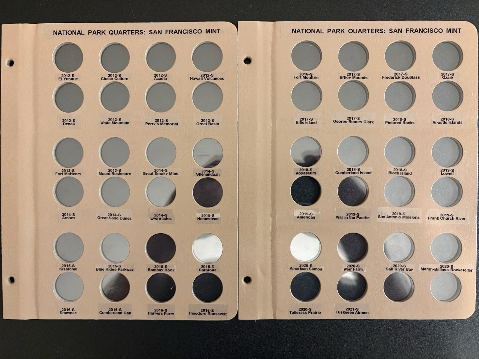 Dansco album pgs #7148, #8146, #8147: National Park Quarters, San Francisco Mint