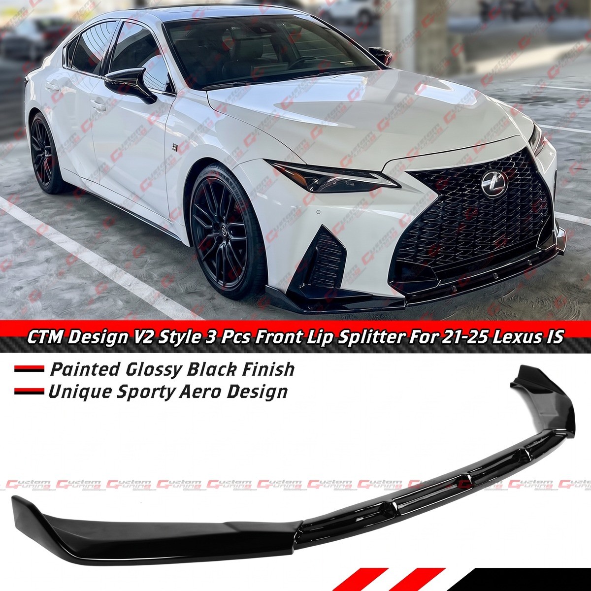 For 2021-2025 Lexus IS300 IS350 CTM V2 3PC Gloss Black Front Bumper Lip Splitter