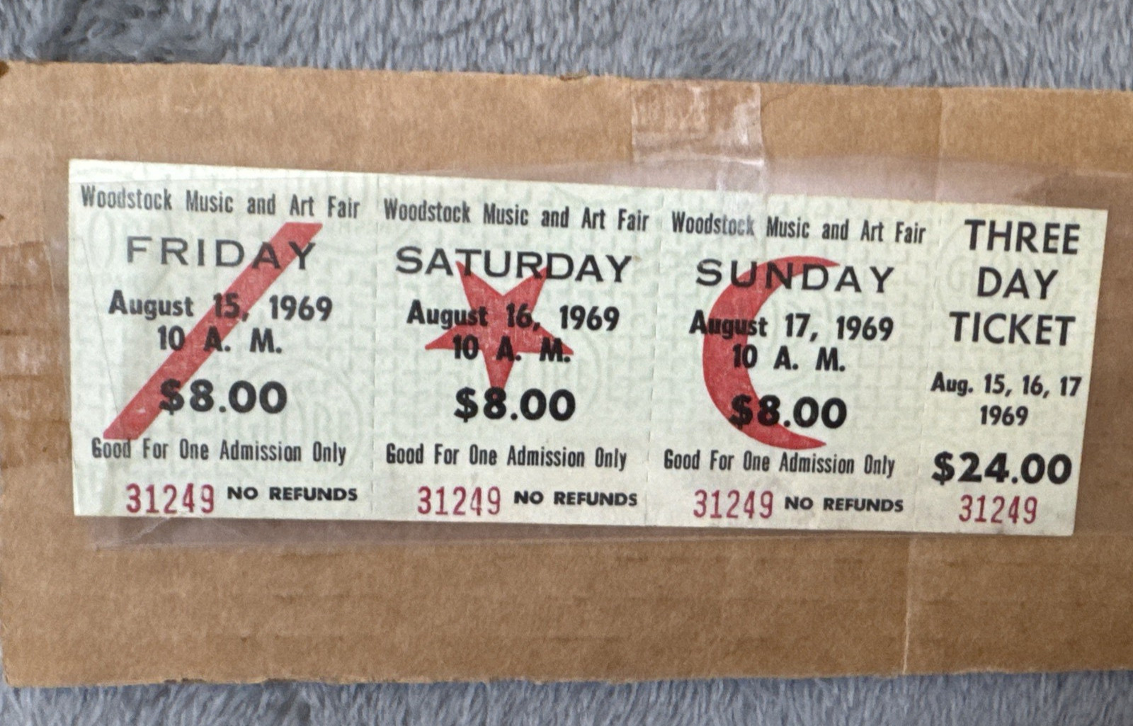 1969 WOODSTOCK MUSIC AND ART FAIR 3 DAY $24 Full Ticket Stub