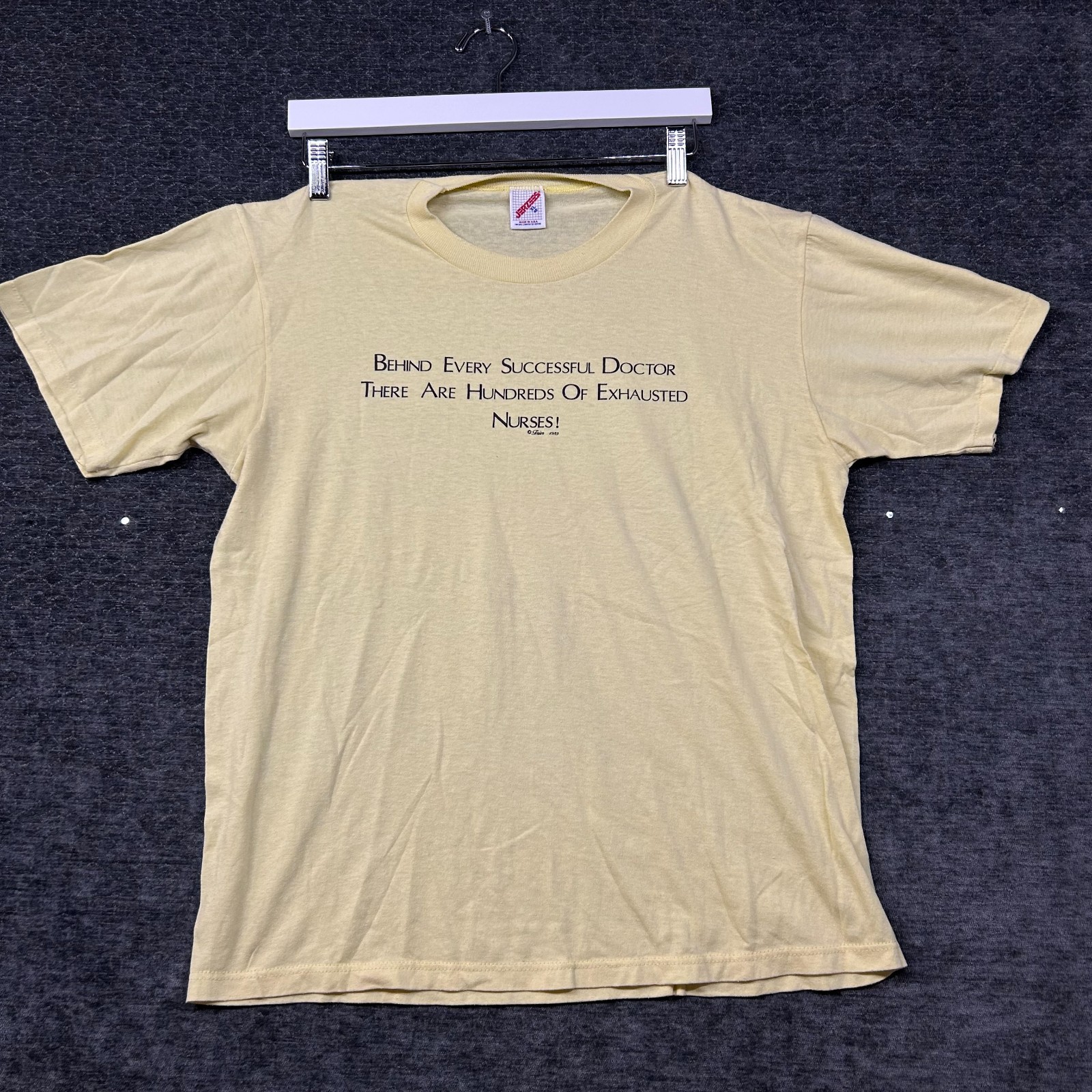 VTG Jerzees Exhausted Nurses T-Shirt Yellow Single Stitch Sleeve USA Made - XL