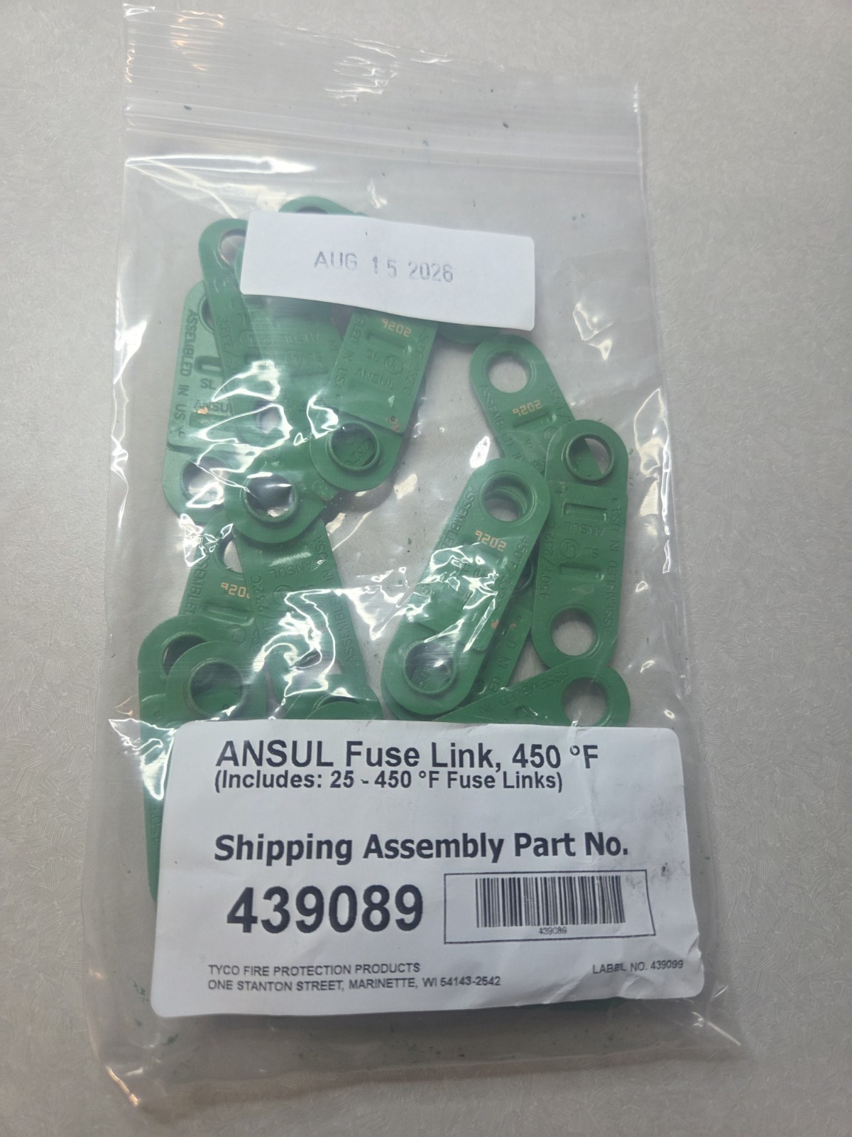 Ansul Fuse Link Green 450* Qty. 25 PN 439089 Mfg. 2026 Ansul Fuse Link Green 450* Qty. 25 PN 439089 Mfg. 2026