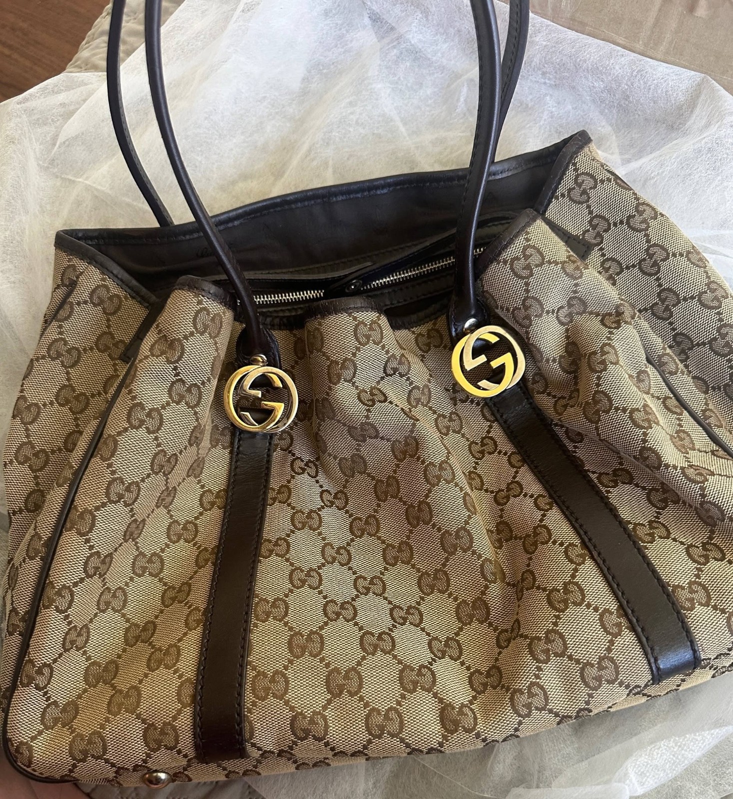 GUCCI Tote Bag GG Twins GG Canvas Beige Brown Monogram Canvas Leather Purse