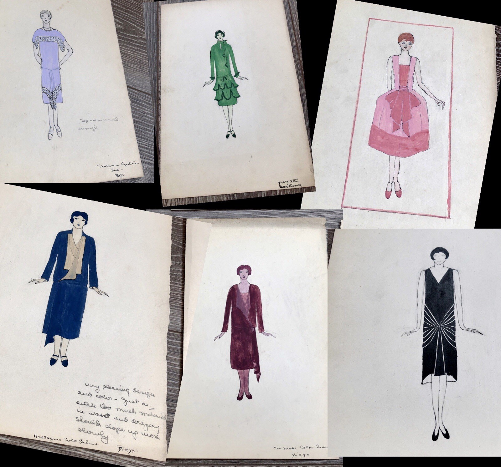 1928 CARNEGIE MELLON Student FASHION DESIGN SKETCH PAGES Hnd-Ptd FLAPPER DRESSES