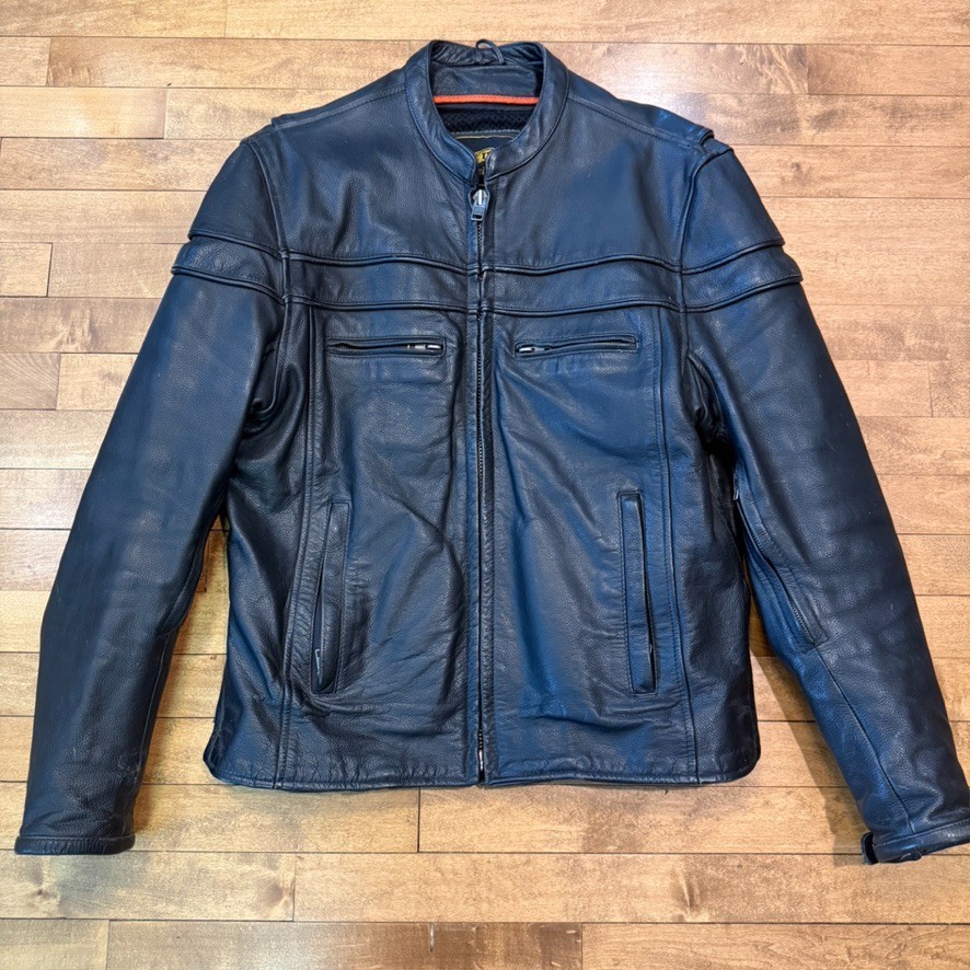 Unik Ultra Black Leather Vintage Motorcycle Jacket Zip Out Liner Men\'s Medium