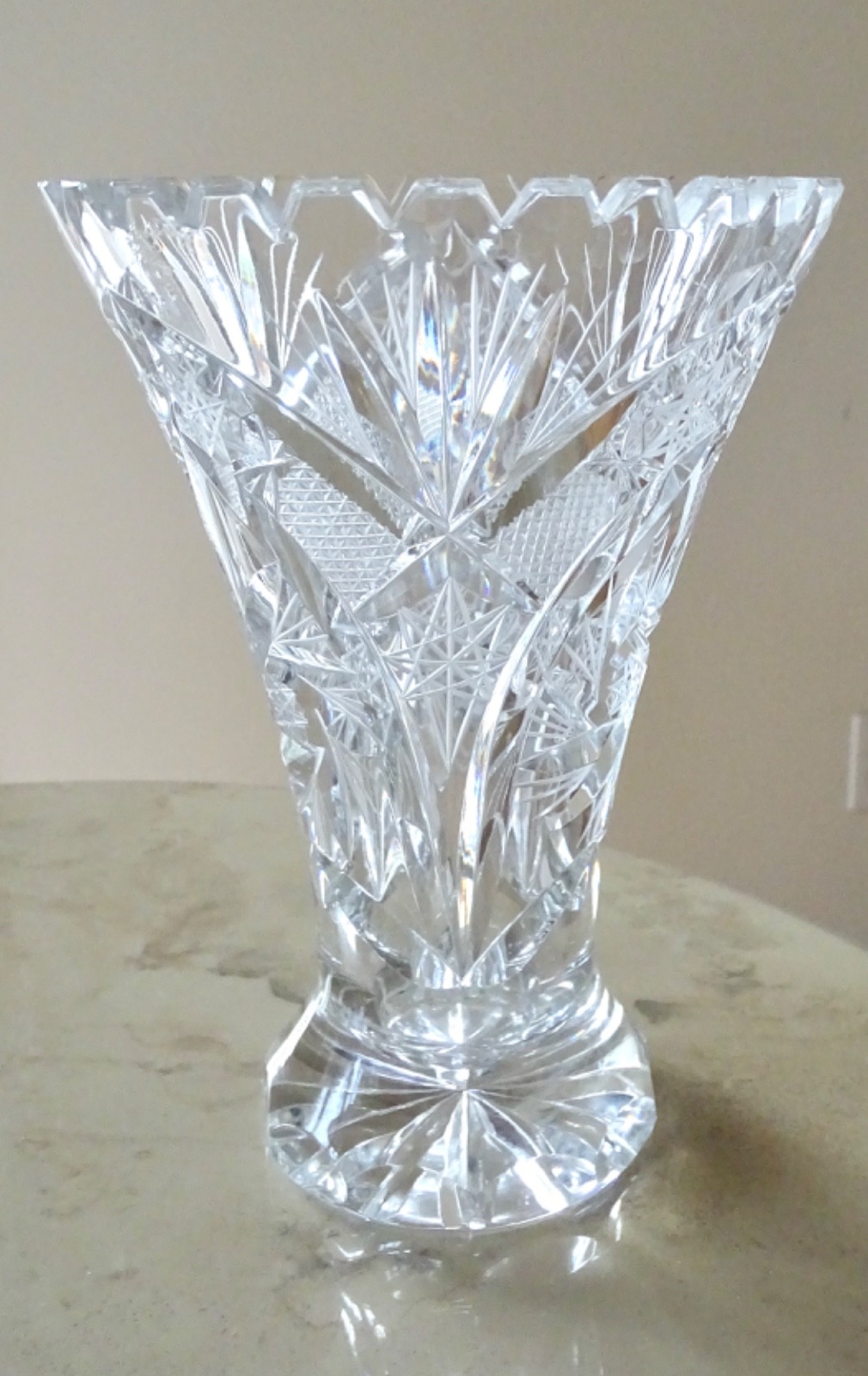Vintage Clear Cut Crystal Sawtooth Flared Vase 7” Tall