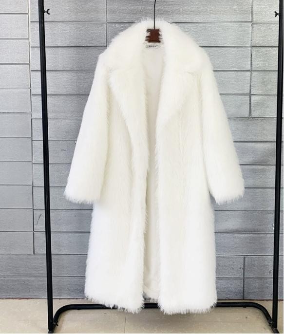 Occident Women's Fashion Lapel Faux Fur Jacket Loose Mid Length Coat Warm Coat