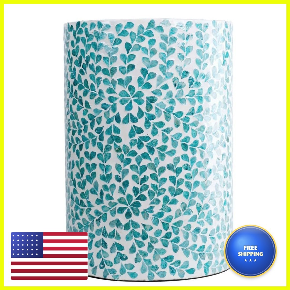 PEMAR Mother of Pearl Inlaid Cylinder Drum End Table Teal Floral PEMAR Mother of Pearl Inlaid Cylinder Drum End Table Teal Floral