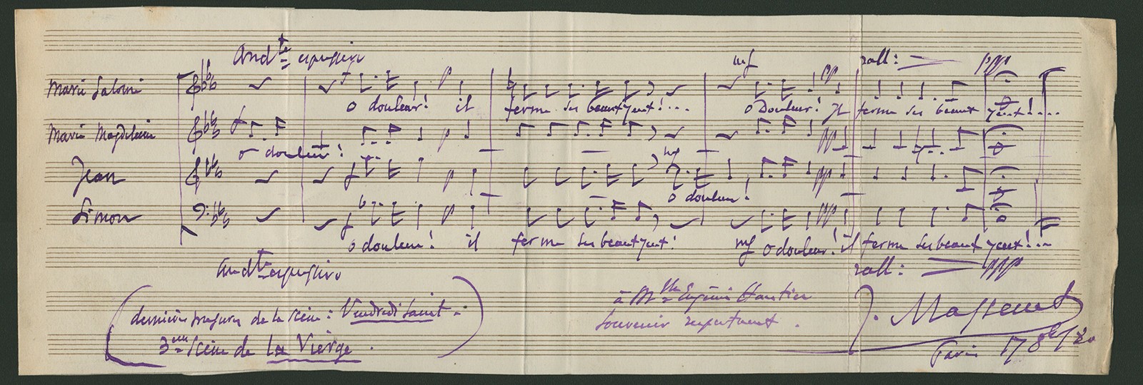 JULES MASSENET- INSCRIBED AUTOGRAPH MUSIC QUOTATION SIGNED 08/17/1880 ( 13 x 19\ JULES MASSENET- INSCRIBED AUTOGRAPH MUSIC QUOTATION SIGNED 08/17/1880 ( 13 x 19\