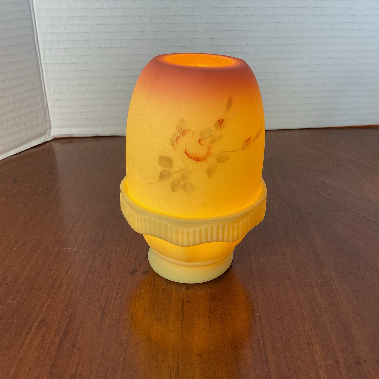 Fenton Uranium HP Roses on Burmese 2 Pc. Fairy Light Votive Holder 5”