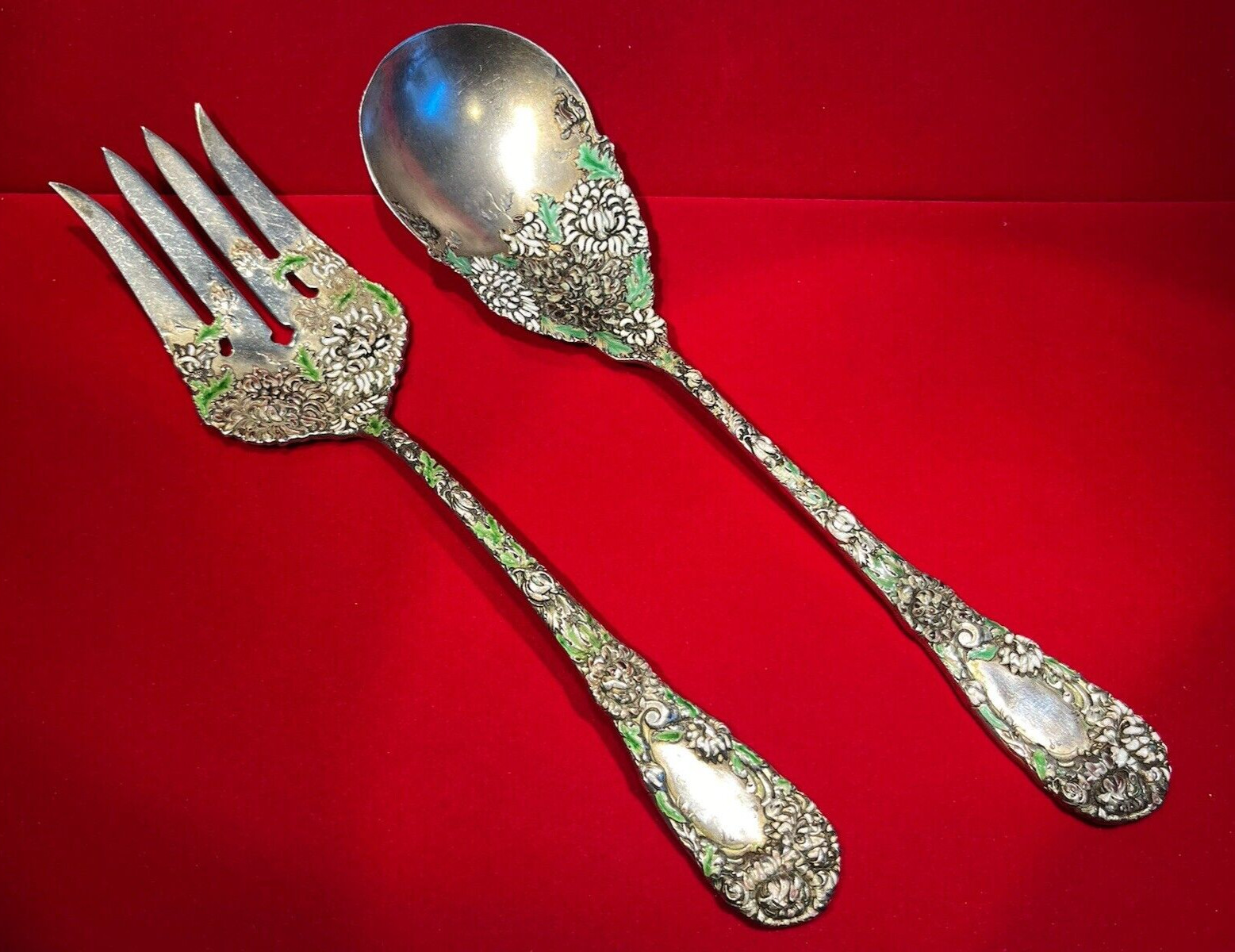 Antique C. 1900 Durgin American Sterling Enamel Chrysanthemum Serving Pieces Antique C. 1900 Durgin American Sterling Enamel Chrysanthemum Serving Pieces