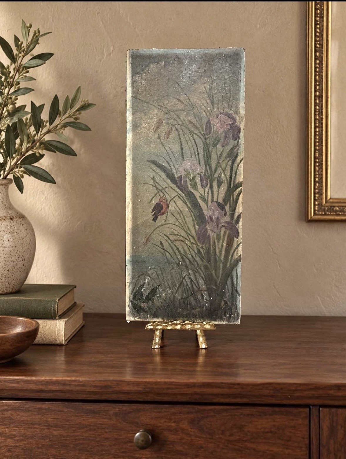 Antique Vertical Iris & Bird Oil Painting on Board Antique Vertical Iris & Bird Oil Painting on Board