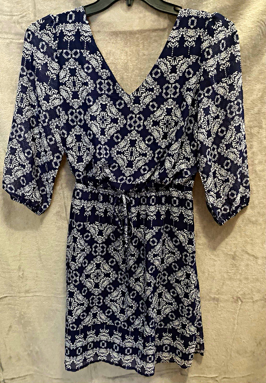 Tacera Women’s Paisley A-Line Dress Navy/White V-Neck 3/4 Sleeve Tie Waist S Tacera Women’s Paisley A-Line Dress Navy/White V-Neck 3/4 Sleeve Tie Waist S