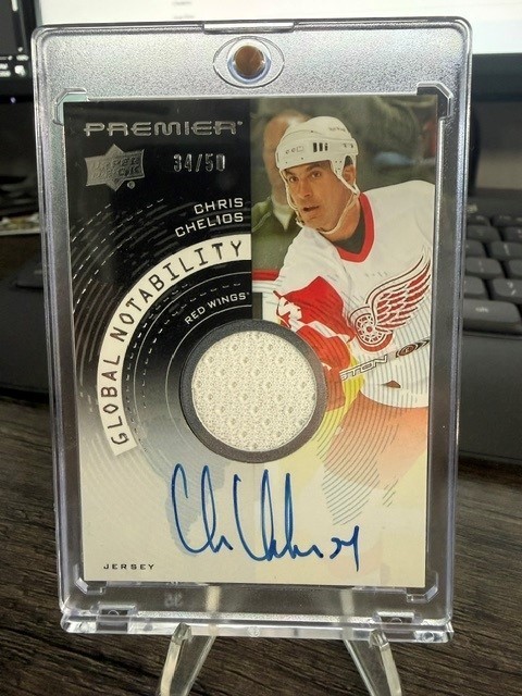 2023-24 UD Premier Global Notability Chris Chelios Auto Patch /50 2023-24 UD Premier Global Notability Chris Chelios Auto Patch /50