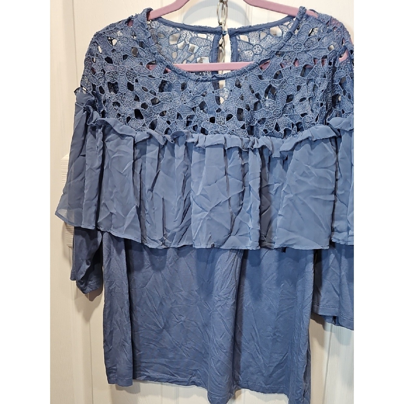 Lane Bryant Dusty Blue Crochet Yoke Ruffle Top Lane Bryant Dusty Blue Crochet Yoke Ruffle Top