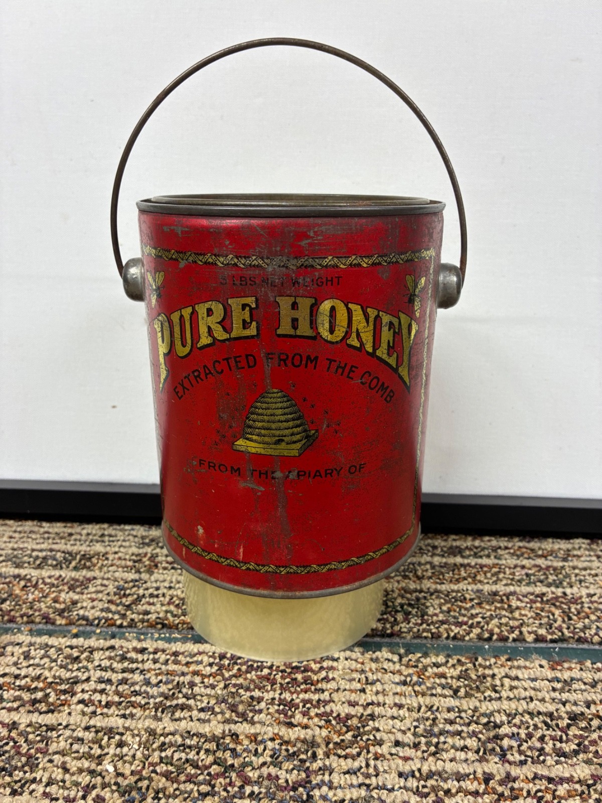 Rare Antique Vintage Pure Honey 5 lb. Red Tin Pail w/ Handle and cover