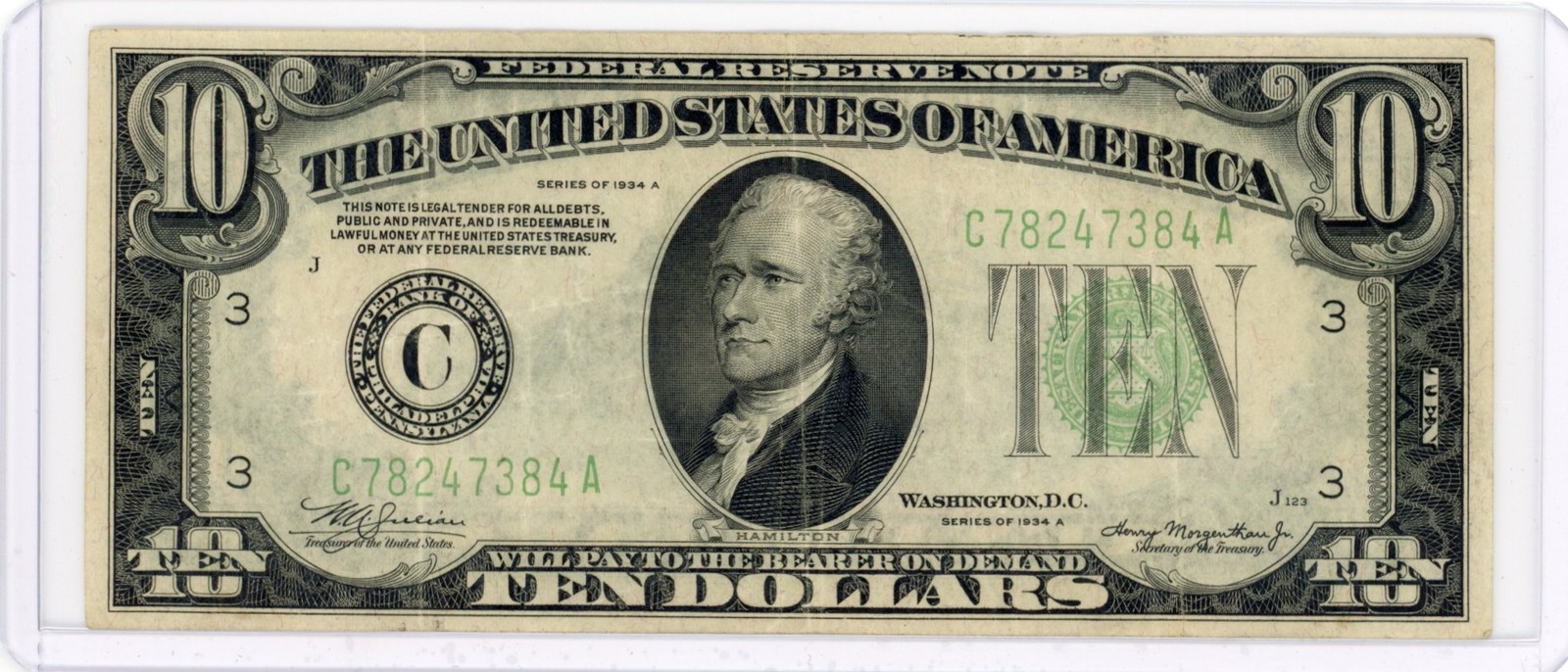 1934 A $10 GREEN SEAL FEDERAL RESERVE NOTE PHILADELPHIA XF