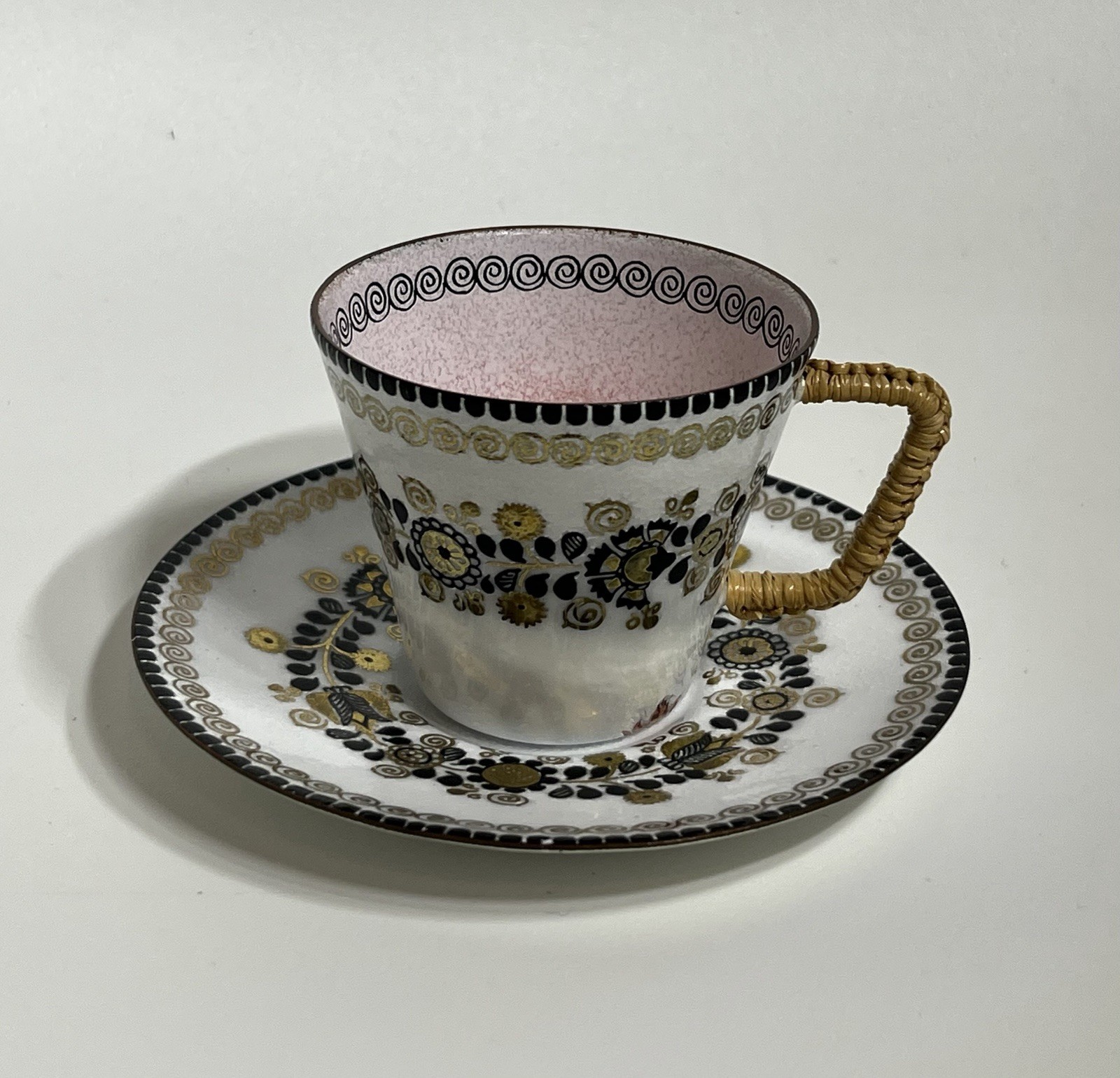 Vintage Steinbock Email Enamel Demitasse Cup Saucer Austria Wicker Handle Floral