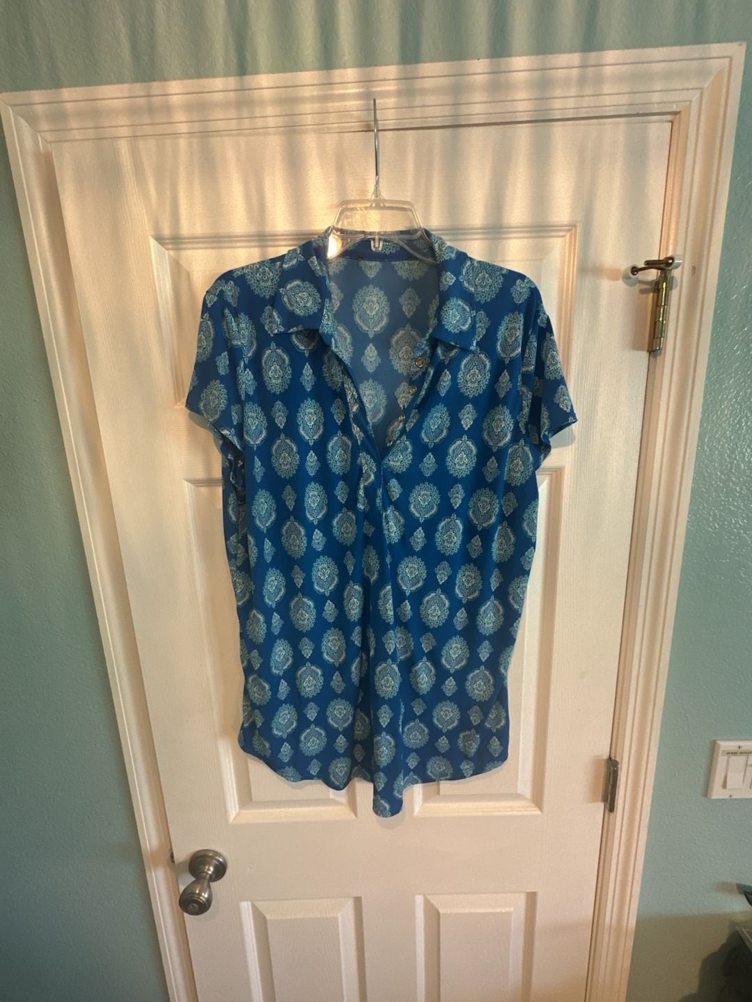 Blue Paisley Short Sleeve Button Down Shirt Top