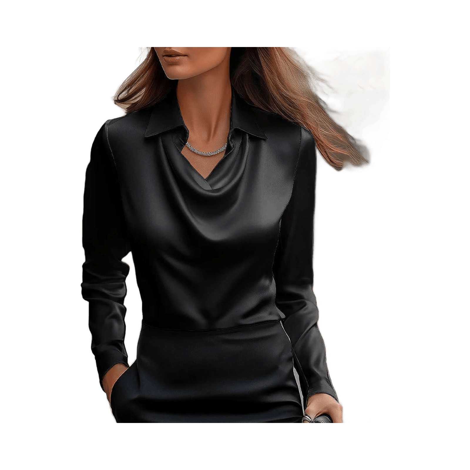 Women\'s Swing Collar Draped Satin Blouse Long Sleeve Pullover Top Black Size L