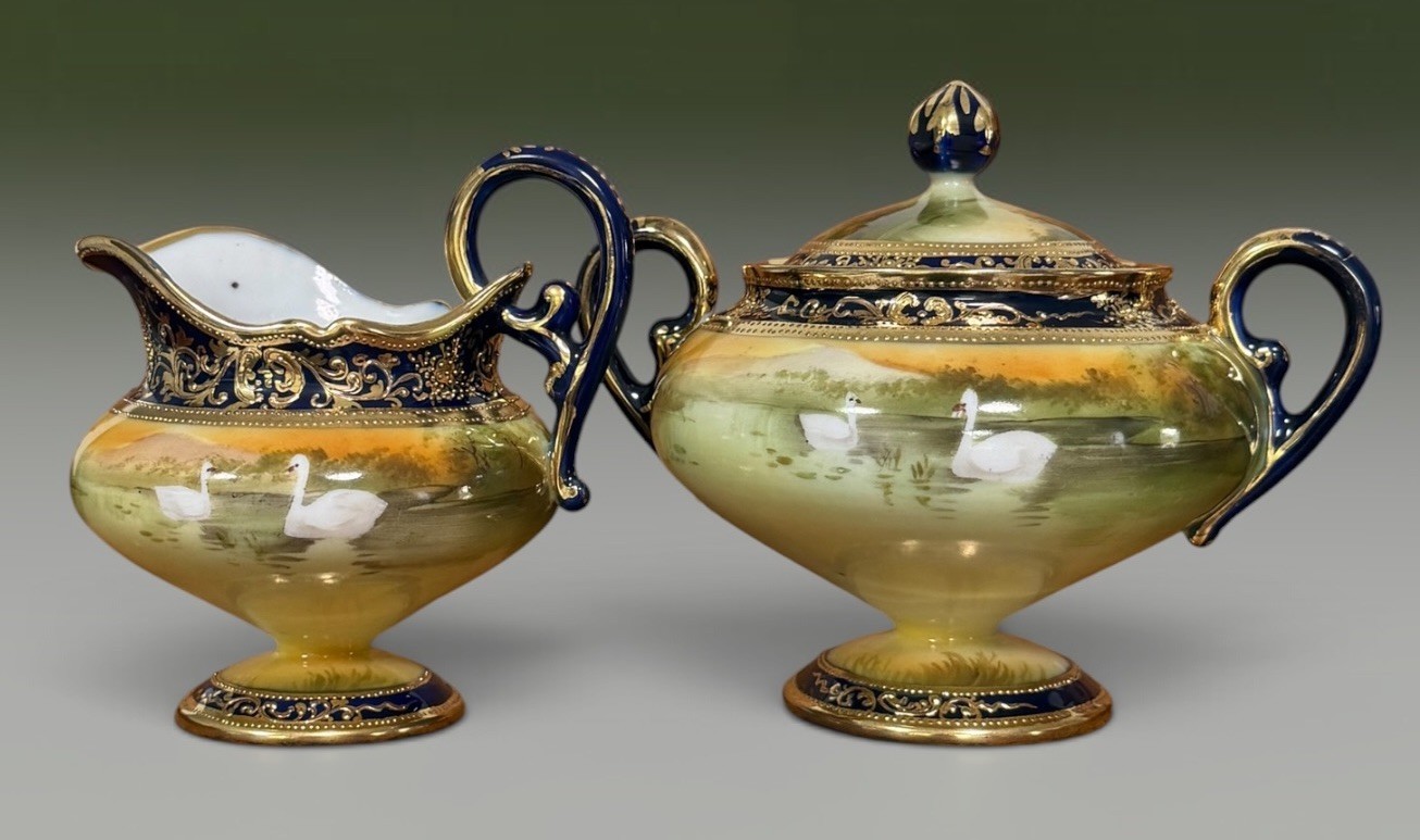 Stunning Nippon Cobalt Swan Lake Gold Moriage Cream & Sugar Set Stunning Nippon Cobalt Swan Lake Gold Moriage Cream & Sugar Set
