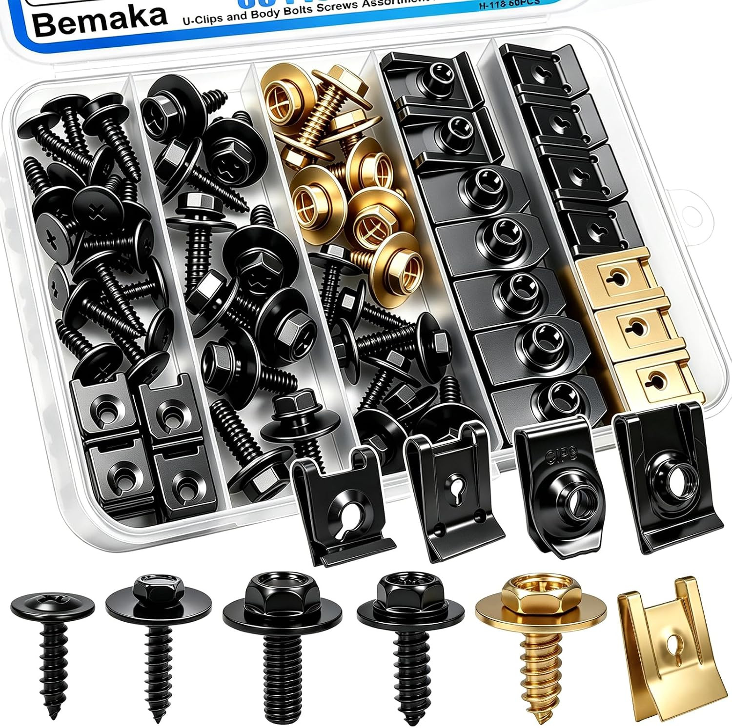 60Pcs U-Nut Clips and Body Bolts Screws Assortment Kit, 10 Sizes Auto Car U Clip
