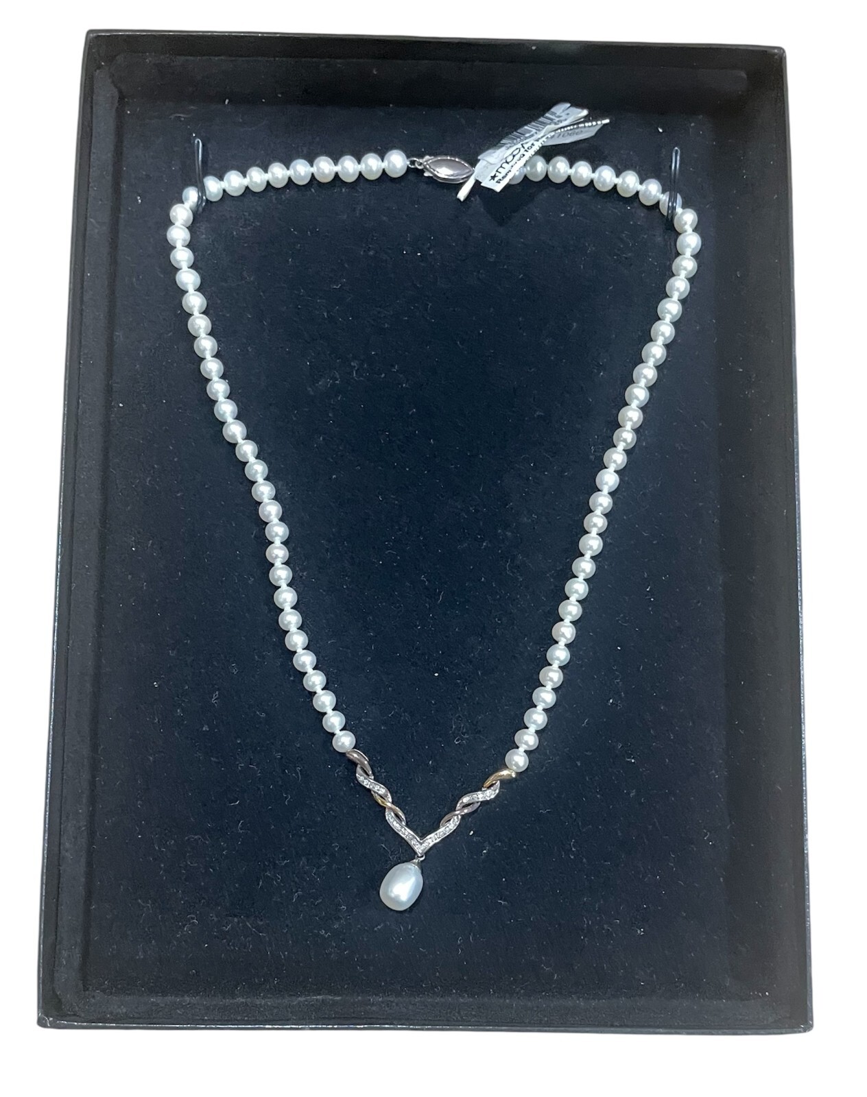 MACY\'S Fine Pearl/Opaque Cult Pearl Necklace Strlng Slv & 14K CFWP DIA Neck