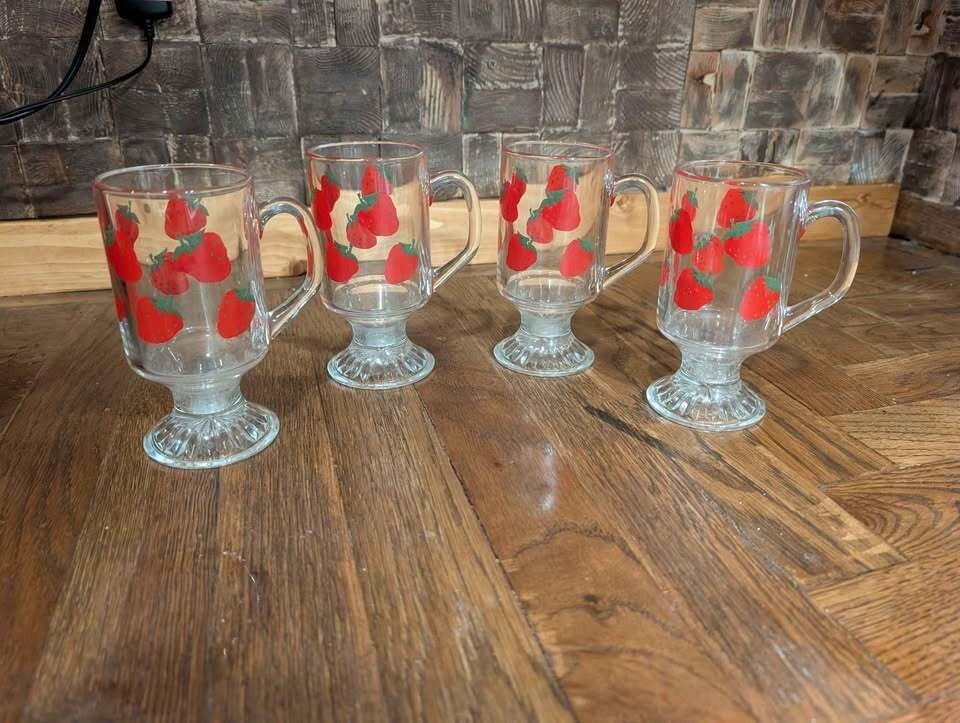 Vintage 1970s Dominion Glass Strawberry Footed Glass Mugs Set of 4 Cottagecore Vintage 1970s Dominion Glass Strawberry Footed Glass Mugs Set of 4 Cottagecore