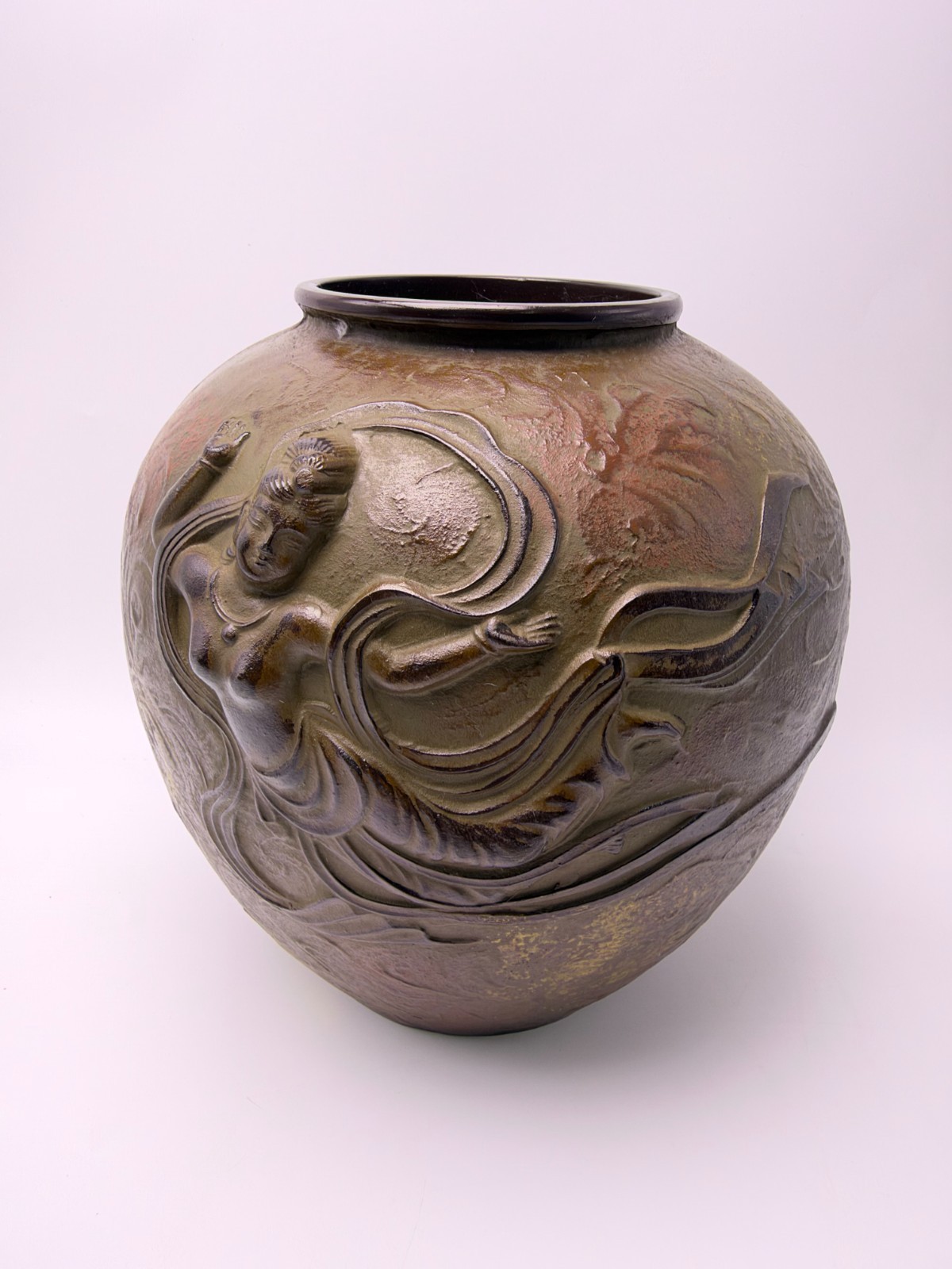 Vintage Japanese Art Metal Vase Lady Relief Floral Design Original Box Japan
