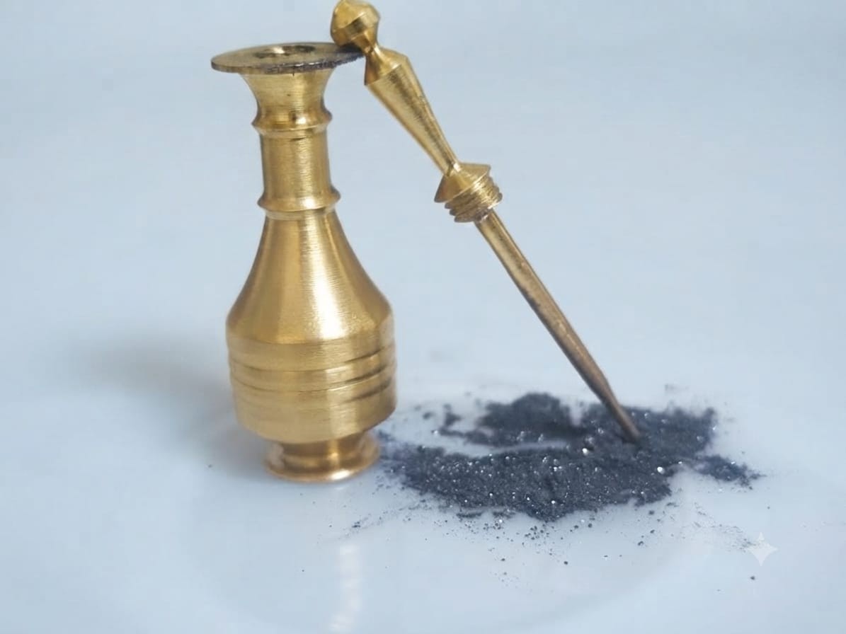 Pure Natural Ithmid Kohl Powder 10g with Traditional Vintage Brass Kohl Bottle