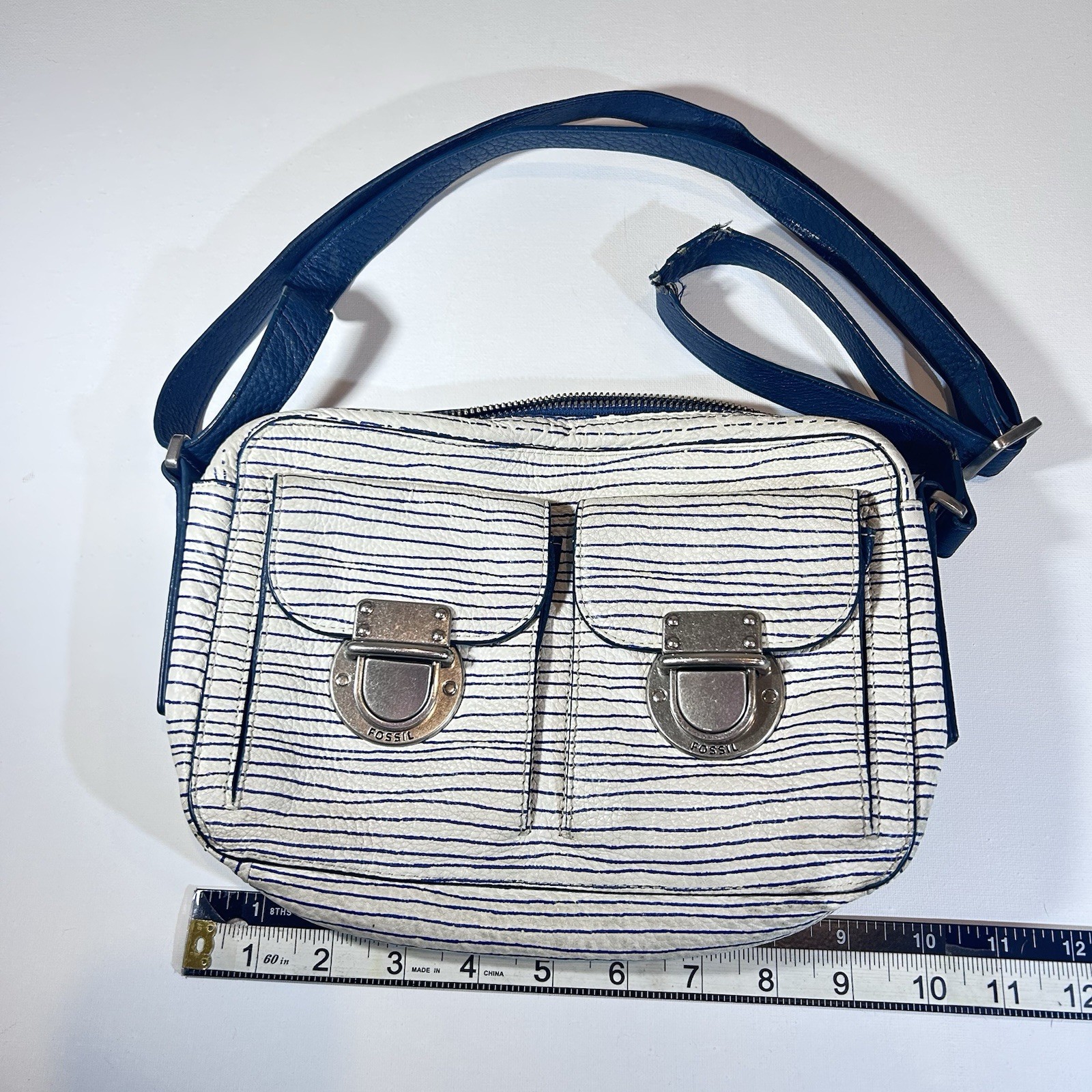 Fossil Blue White Striped Small Crossbody Bag Zip Buckle Silver Hardware Pockets