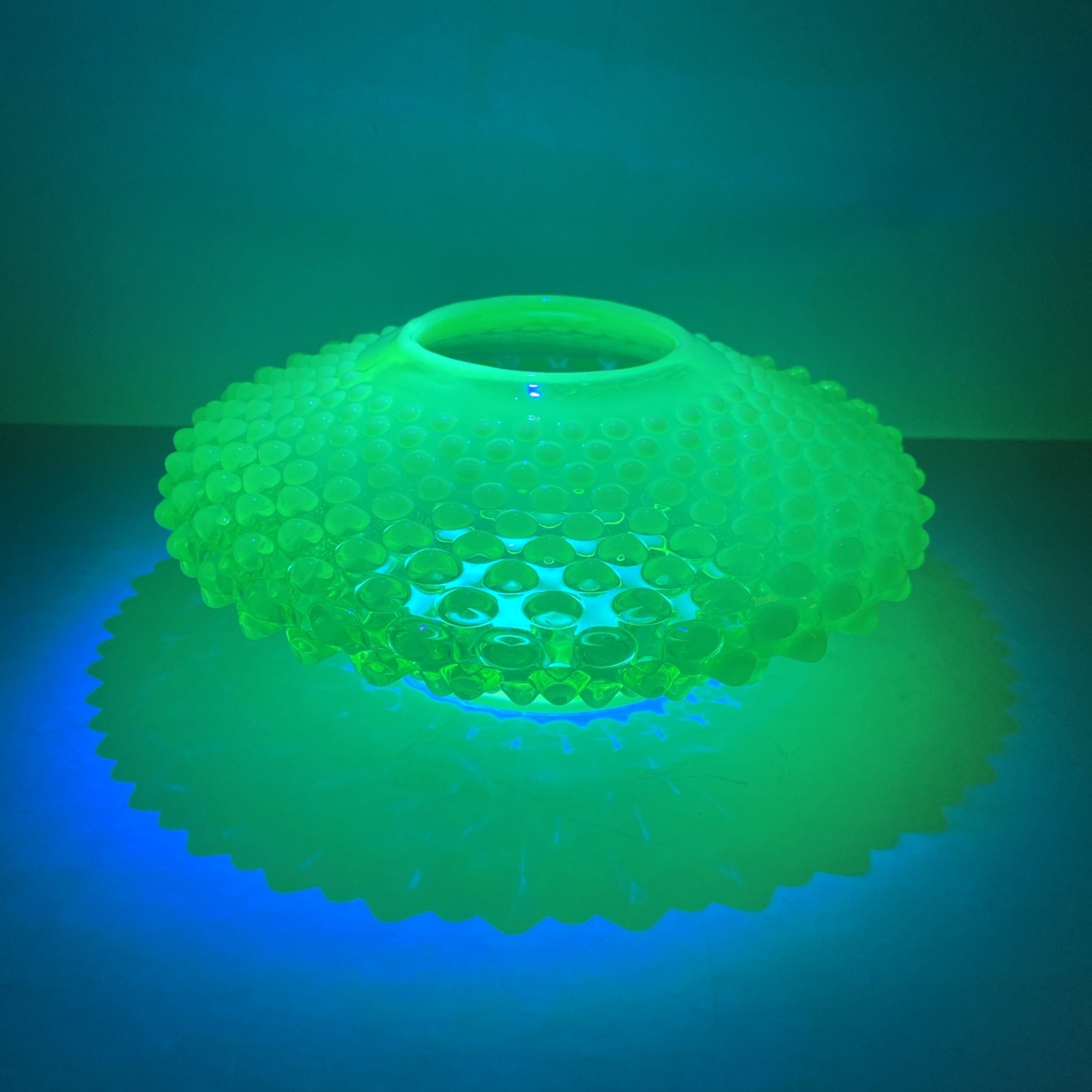 Fenton Greenish Topaz Hobnail Low Bulbous Vase, Unusual Piece Uranium Glows Fenton Greenish Topaz Hobnail Low Bulbous Vase, Unusual Piece Uranium Glows