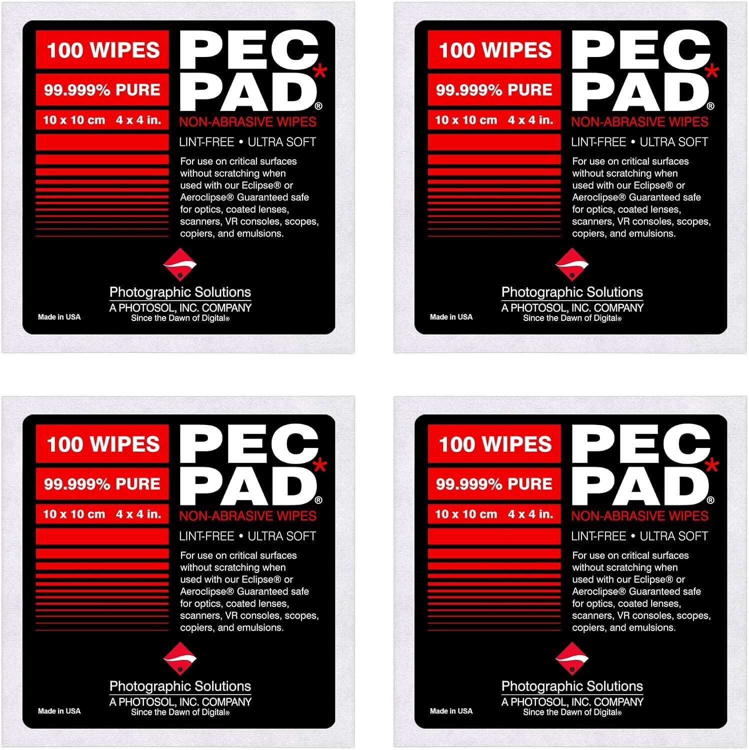 4PK PEC-PAD Lint Free Wipes 4x4” 100PK -Non-Abrasive Cleaning Cloth for Cameras
