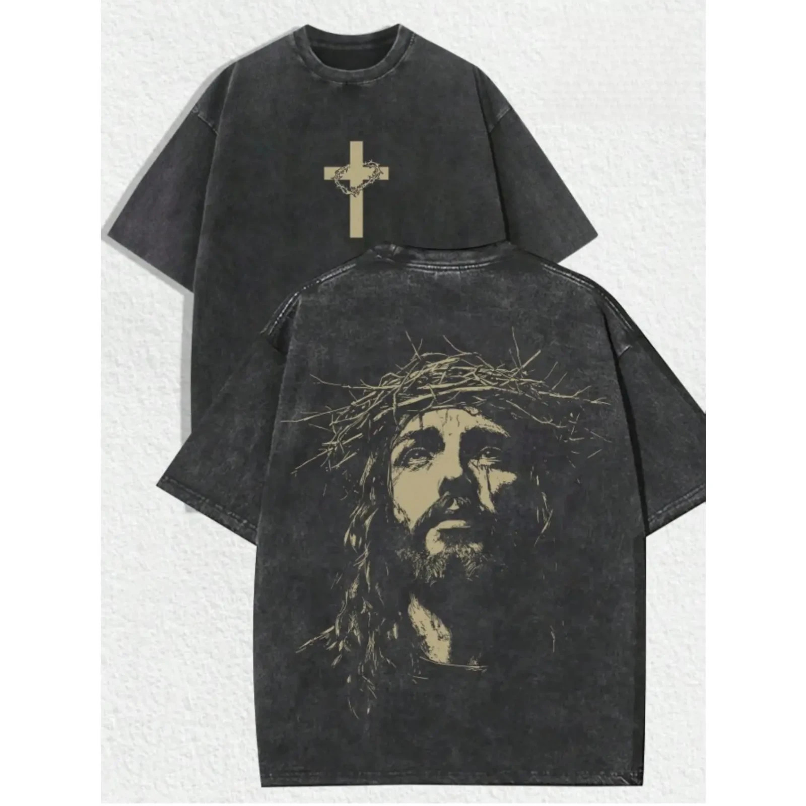 Jesus Crown of Thorns Double-Sided Washed Black Christian T-Shirt - Oversized Fa Jesus Crown of Thorns Double-Sided Washed Black Christian T-Shirt - Oversized Fa