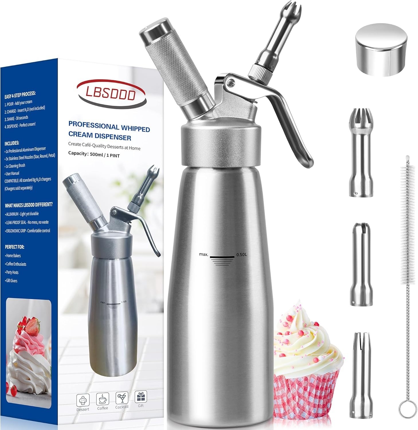 Professional Aluminum Whipped Cream Dispenser, 500ml/1 Pint Leak-Proof Whip C...