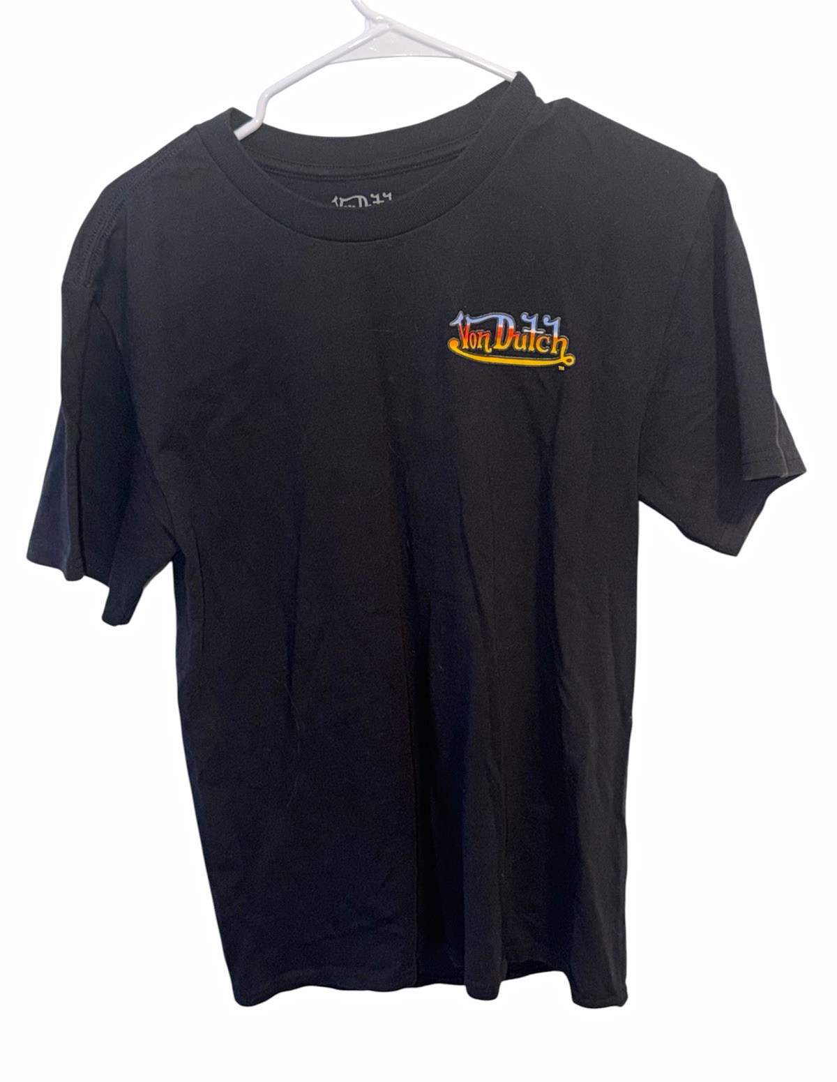Von Dutch Men\'s Black Graphic Logo Double-Sided Crew Neck Cotton T-Shirt S Von Dutch Men\'s Black Graphic Logo Double-Sided Crew Neck Cotton T-Shirt S