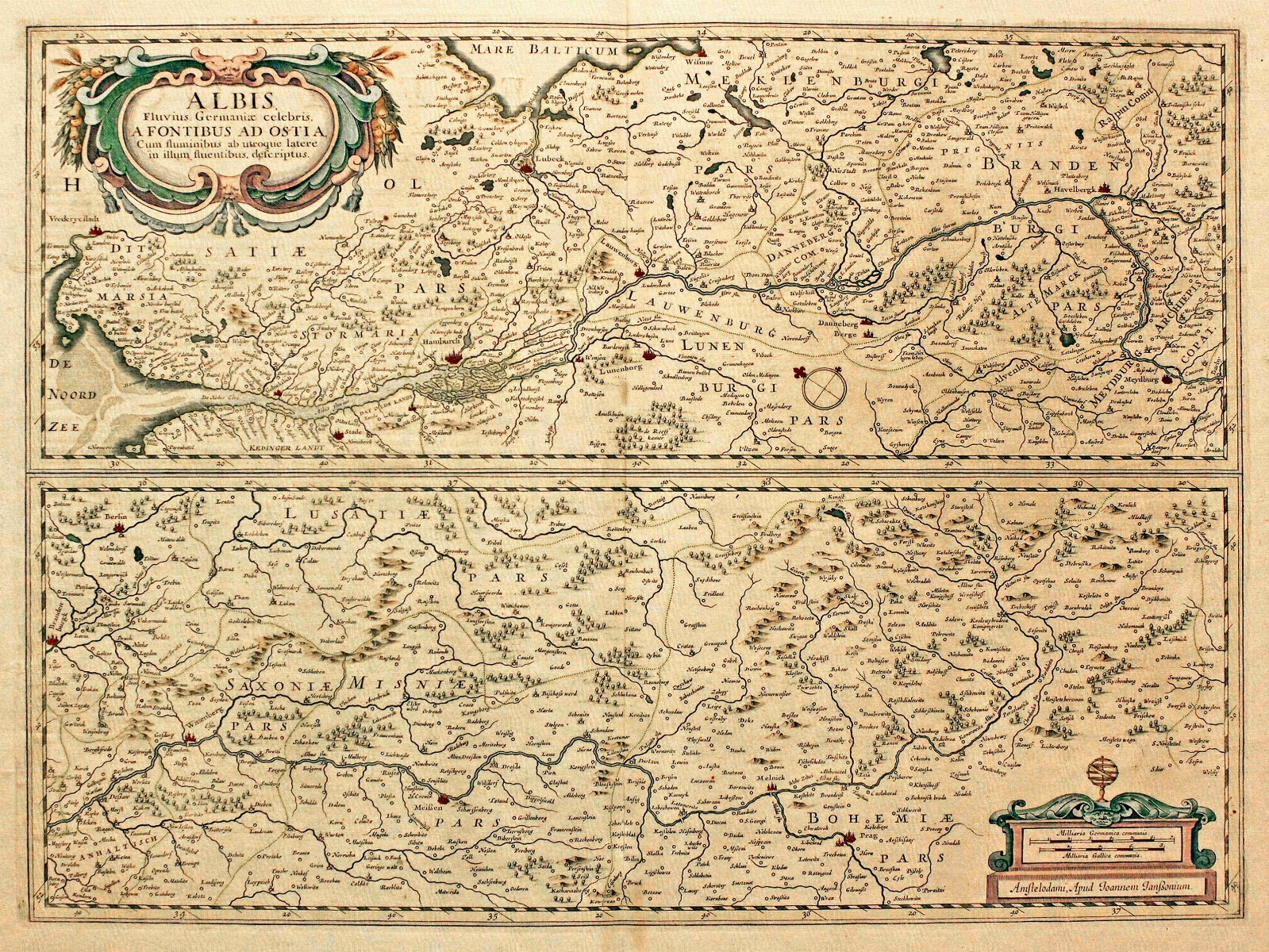 1650s Vintage World Map Old Poster ALBI The Elbe River 24 x 32 Inch #T42