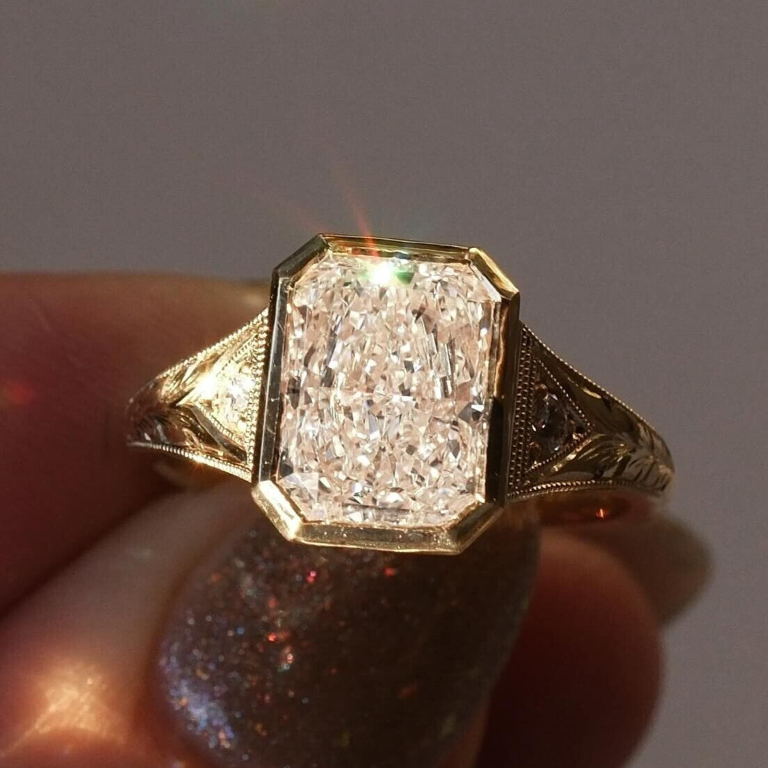 Vintage Milgrain Ring Bezel Set Radiant Cut Moissanite Engagement Ring For Women