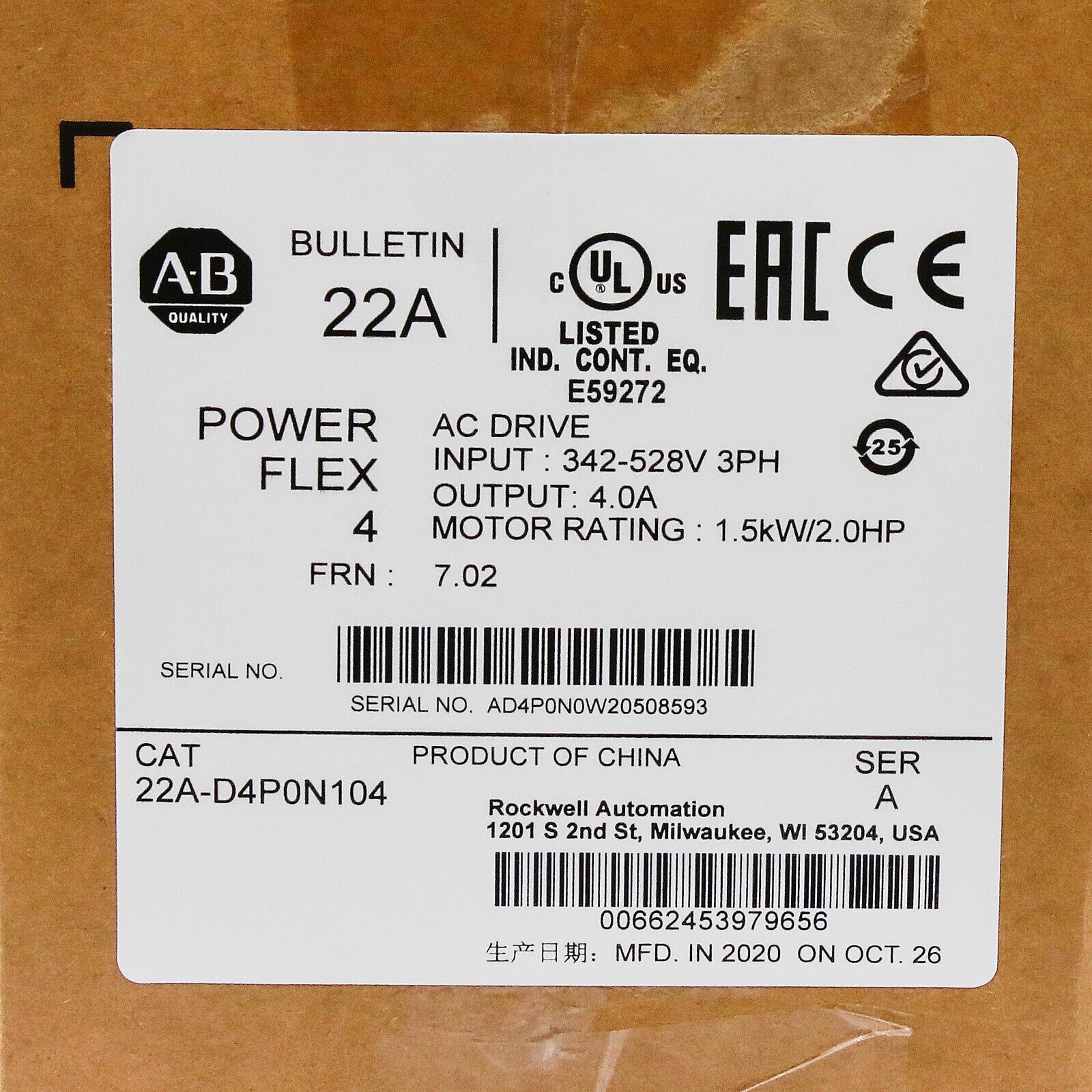Factory Seal Allen-Bradley 22A-D4P0N104 Powerflex 2.0HP AC Drive US Factory Seal Allen-Bradley 22A-D4P0N104 Powerflex 2.0HP AC Drive US