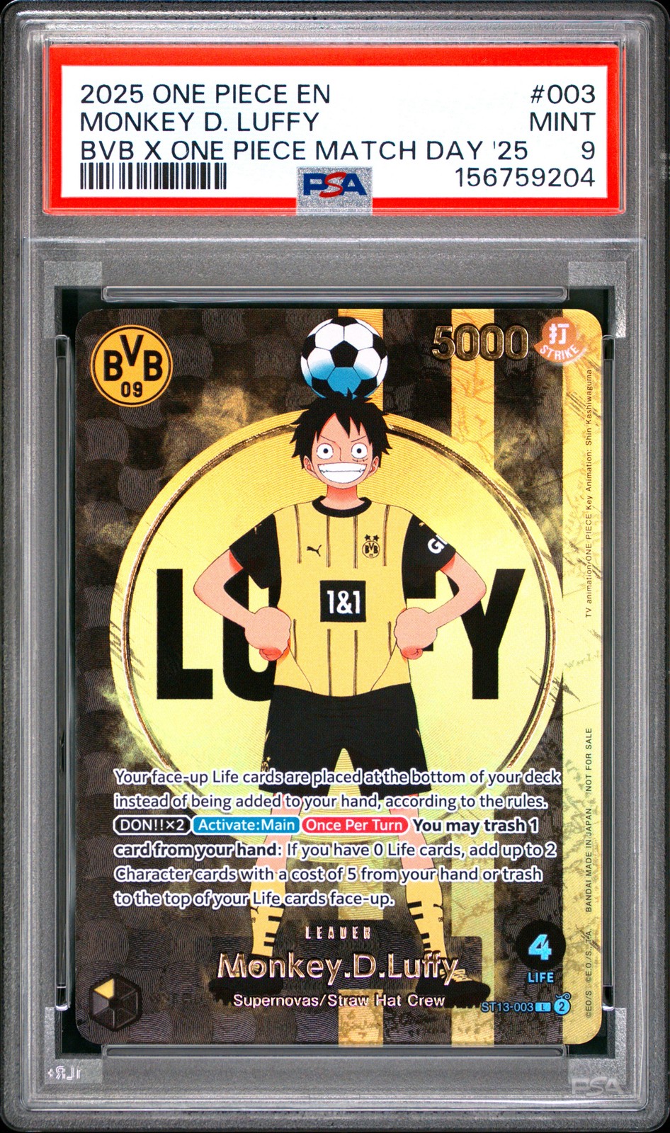2025 ONE PIECE PROMOS BVB X ONE PIECE MATCH DAY 2025 #003 MONKEY D. LUFFY PSA 9